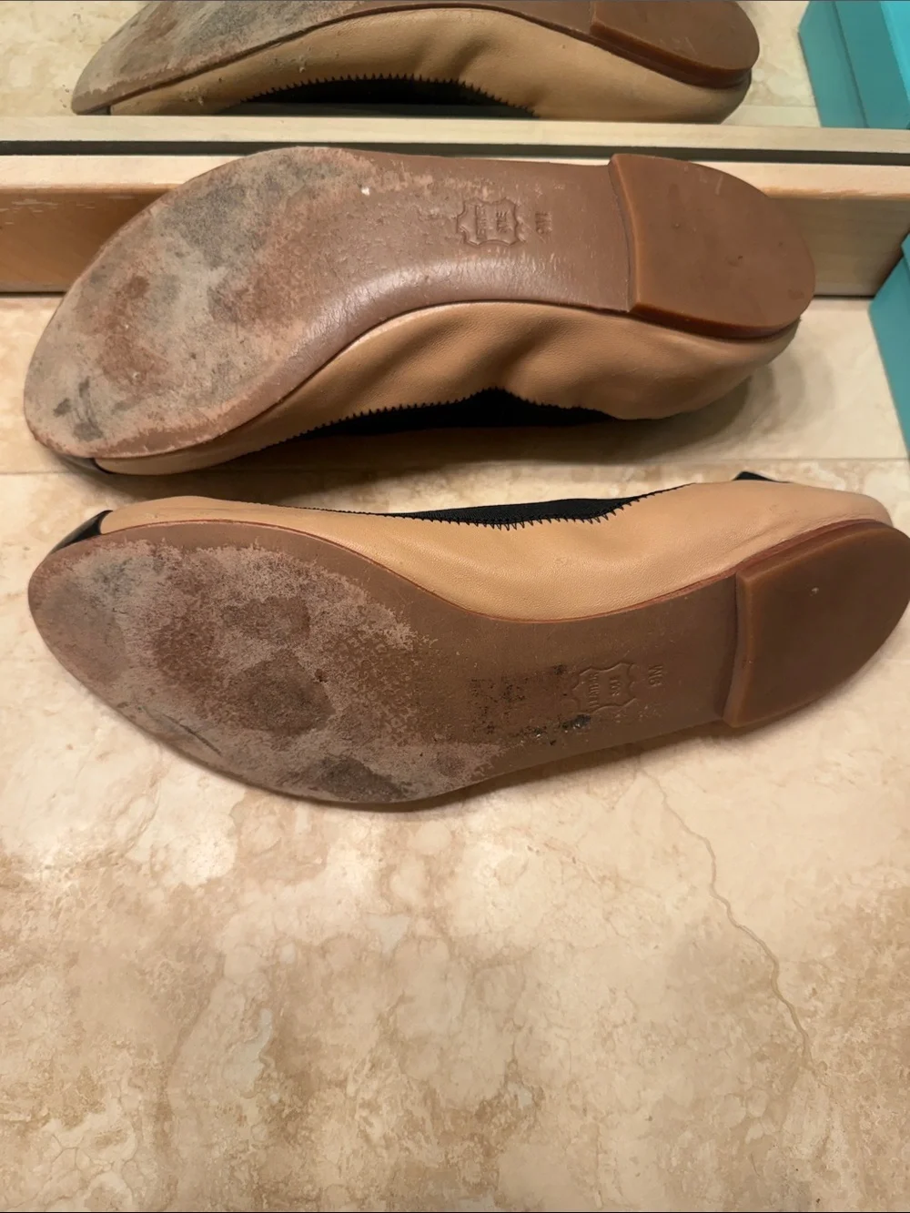 Tory Burch Tan Leather Ballet Flats with Black Patent Cap Toe size 9